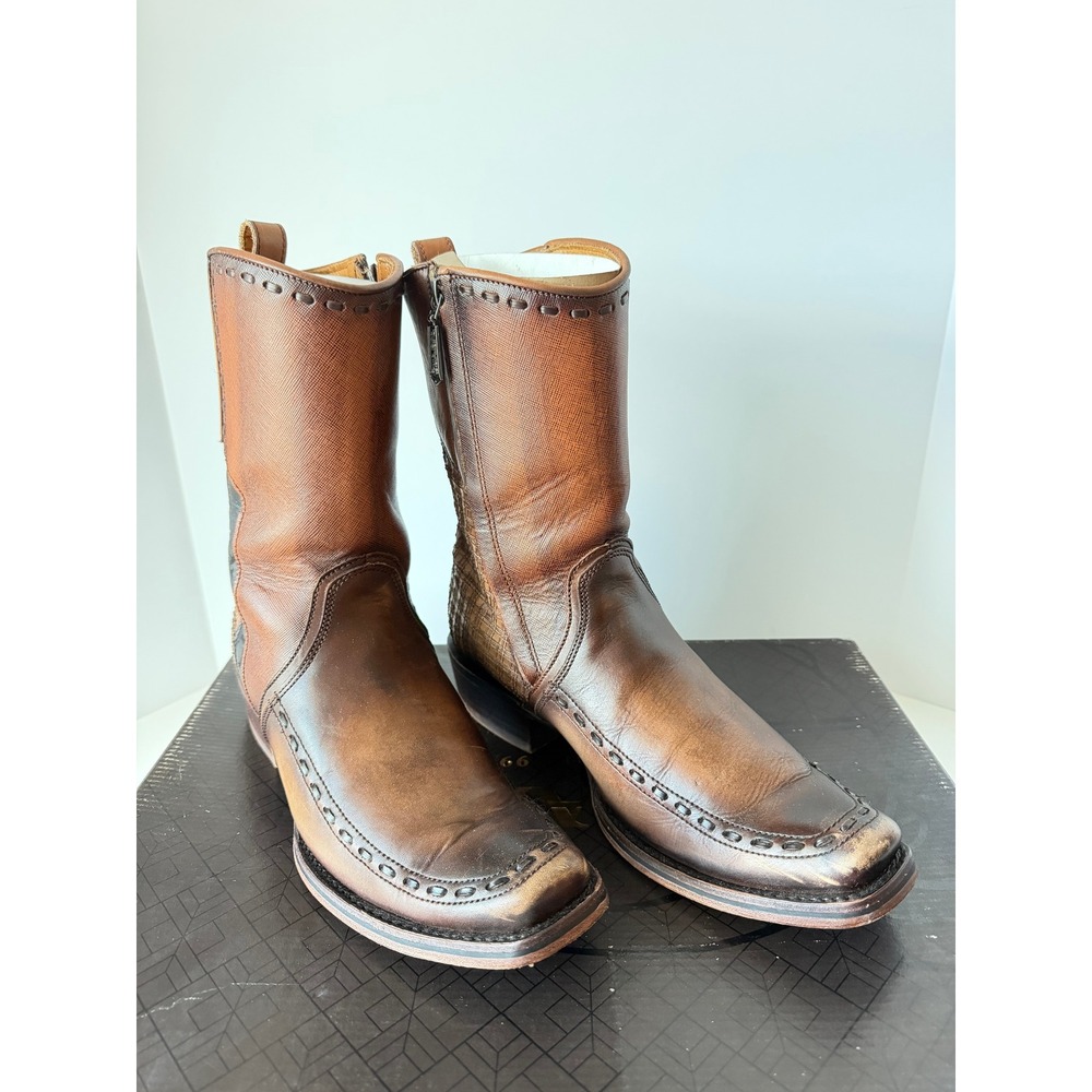 Cuadra Western Boots Brown Leather Textured Square Toe Zip Cowboy Mens 7.5